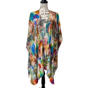 Tianello Zen Robe Silk Kimono Top Open Front Cardigan Colorful Artsy Size S